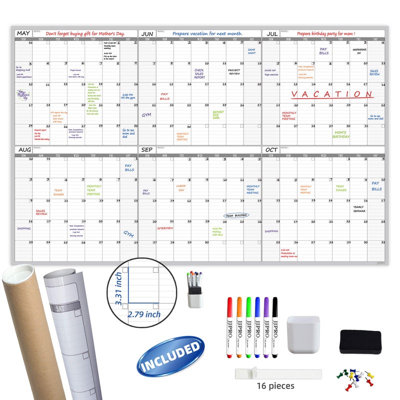 JJPRO Large Dry Erase Wall Calendar - 60â€œ x 38" Undated Blank 6 Month Calendar - Giant Whiteboard 6 Month Poster - Premium Laminated Undated Planner for Classroom, Office, Project & Family Schedule - Image 1